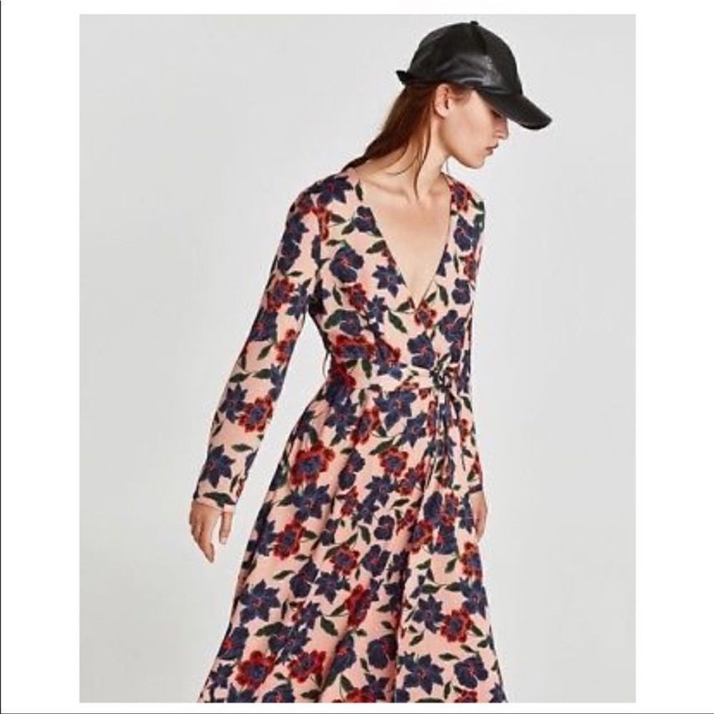 Zara Floral Print Midi Wrap Kimono Dress S Small Pink Blue Flower Print Sz- Sm